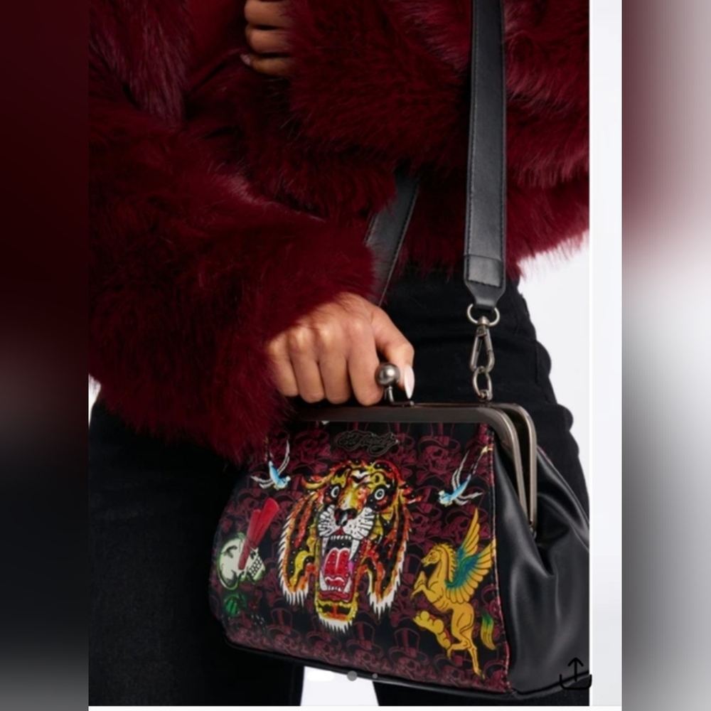 Ed Hardy Burgundy Embroidered Tiger Frame-Top Bag